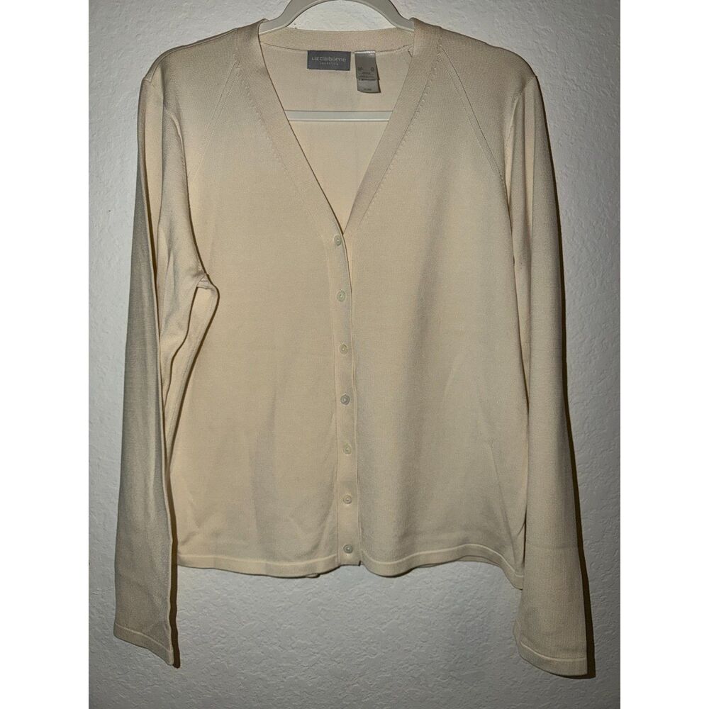 Liz Claiborne Collection 73% Silk Cardigan Size XL Beige Cream V-Neck Button
